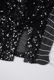 Schwarze sexy Patchwork-Pailletten-Schlitz-Wickelrock-Kleider mit schrägem Kragen