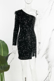 グレーのセクシーなパッチワーク スパンコール スリット オブリーク カラー ラップ スカート ドレス