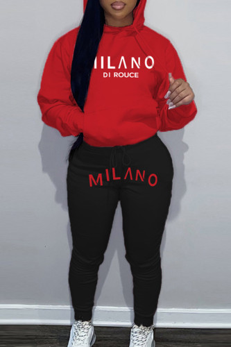 Red Casual Letter Print Hooded Collar Long Sleeve Draw String Pocket Sweatshirt And Pants Sportwear Two Piece Jogger Set