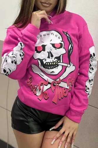Rose Red Casual Skull Head Print Basic Hooded Collar Tops