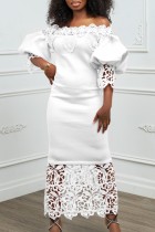 Белые повседневные однотонные лоскутные длинные платья с открытыми плечами в стиле пэчворк