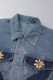 Azul casual retalhos botões gola aberta manga comprida jaqueta jeans regular (sujeito ao objeto real)