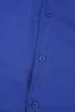 Abiti blu casual con fasciatura solida, patchwork, fibbia, colletto con risvolto, linea A, abiti taglie forti