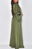 Армейско-зеленые элегантные однотонные лоскутные платья с круглым вырезом и длинными рукавами
