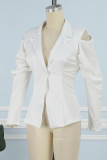 White Street Solid Patchwork Buttons Turn-back Collar Outerwear(No Belt)