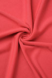 Röd Elegant Solid Patchwork Dra sträng från axeln Långärmad två delar