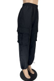 Calça preta casual sólida básica regular cintura alta convencional de cor sólida