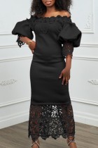 Zwarte casual effen uitgeholde patchwork off-shoulder lange jurkjurken