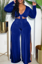 Royal Blue Sexy Casual Solid Frenulum Slit V Neck Plus Size Two Pieces
