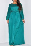 Armeegrünes, elegantes, einfarbiges Patchwork-Kleid mit O-Ausschnitt und langem Kleid