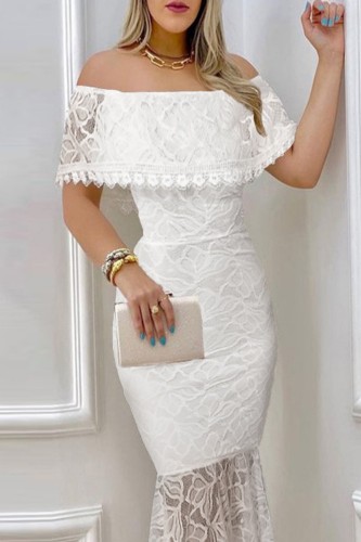 White Sexy Formal Solid Patchwork Off the Shoulder Evening Dress Dresses