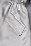 Серебряные повседневные однотонные лоскутные платья с отложным воротником и длинными рукавами