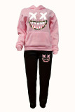 Pink Black Casual Print Basic Hooded Collar Long Sleeve Two Pieces