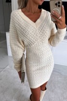 Apricot Casual Solid Basic V Neck Long Sleeve Dresses