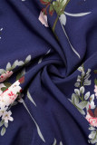 Tiefblaue, lässige, bedruckte Frenulum-Kleider mit V-Ausschnitt in A-Linie in Übergröße
