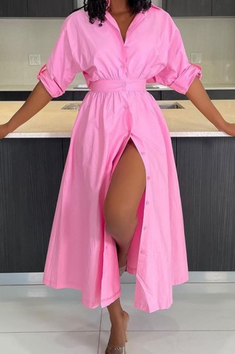 Pink Casual Solid Patchwork Turndown Collar Shirt Dress Dresses