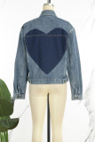 Veste en jean bleue décontractée à manches longues et col rabattu avec boutons en patchwork (sous réserve de l'objet réel)