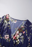 Tiefblaue, lässige, bedruckte Frenulum-Kleider mit V-Ausschnitt in A-Linie in Übergröße