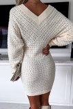 Khaki Casual Solid Basic V Neck Long Sleeve Dresses