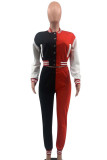 Red Black Casual Elegant Color Block Patchwork Pocket Buckle O Neck Long Sleeve Two Pieces