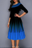 Cyanfarbenes, elegant bedrucktes Patchwork-Kleid in A-Linie mit O-Ausschnitt