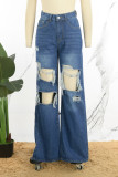 Blauwe casual effen skinny denim jeans met hoge taille en scheuren