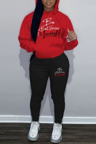 Red Black Casual Letter Print Basic Hooded Collar Long Sleeve Two Pieces