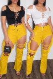 Amarelo casual sólido borla rasgado cintura média jeans skinny