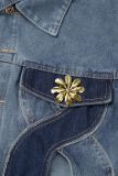 Veste en jean bleue décontractée à manches longues et col rabattu avec boutons en patchwork (sous réserve de l'objet réel)
