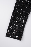 Schwarze sexy Patchwork-Pailletten-Schlitz-Wickelrock-Kleider mit schrägem Kragen