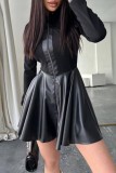 Черные повседневные однотонные лоскутные платья с воротником-стойкой и длинными рукавами