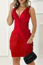 Red Casual Solid Sequins V Neck Sleeveless Dress Dresses
