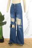Синие повседневные однотонные рваные джинсы скинни с высокой талией