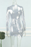 Silver sexigt lapptäcke urholkat genomskinliga halva turtleneck långärmade klänningar