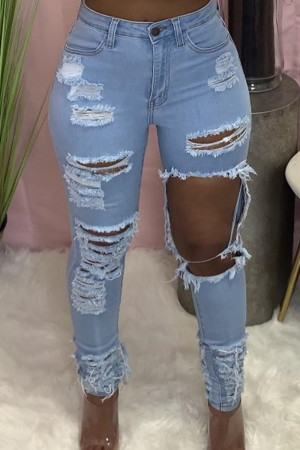 Light Blue Casual Solid Hollowed Out Patchwork Pocket Buttons Zipper Mid Waist Regular Ripped Denim Jeans