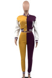 Giallo viola casual elegante color block patchwork tasca fibbia O collo manica lunga due pezzi