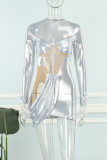 Silver sexigt lapptäcke urholkat genomskinliga halva turtleneck långärmade klänningar