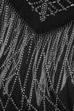 Schwarze sexy Patchwork-Kleider mit heißem Bohren, rückenfrei, Spaghettiträger und Wickelrock