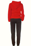 Vermelho preto casual estampado patchwork cordão bolso gola com capuz manga comprida duas peças