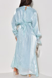 Light Blue Sweet Solid Bandage Patchwork O Neck Long Dress Dresses