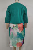 Зеленый Плюс размер Повседневная юбка с запахом и круглым вырезом с принтом в стиле пэчворк Плюс размер из двух частей