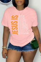 T-shirt con collo a lettera O patchwork con stampa casual rosa