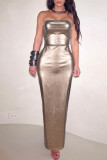 Silver Sexy Solid Patchwork Strapless Dresses