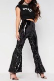 Silver Casual Patchwork Sequins Regular High Waist Conventional Patchwork Trousers