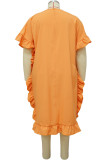 Mandarinenrotes, legeres, einfarbiges, gerades Kleid mit Volant und V-Ausschnitt in Übergröße