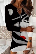 ブラックグレーカジュアルプリントパッチワークジッパーカラー長袖ドレス