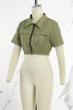 Army Green Street Solid Patchwork Pocket Zipper Turndown krage Ytterkläder
