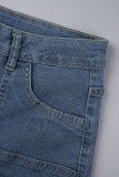 Azul profundo casual sólido retalhos fenda cintura alta saias jeans regulares