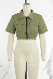 Army Green Street Solid Patchwork-Taschen-Reißverschluss-Umlegekragen-Oberbekleidung