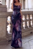 Пурпурное сексуальное длинное платье с бретельками и открытой спиной с принтом Платья